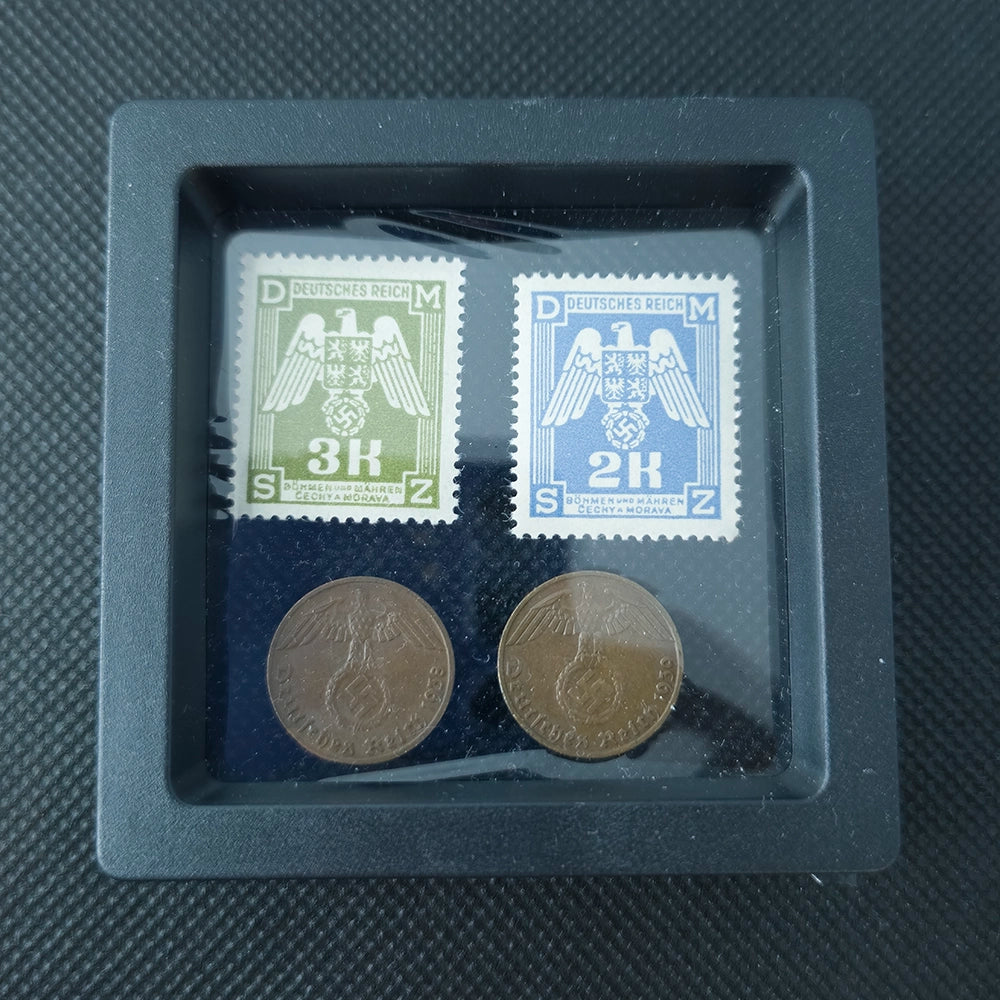 Коллекционный лот периода Второй мировой войны: 2 немецкие почтовые марки и 2 монеты по 1 рейхспфеннигу (1938–1939)