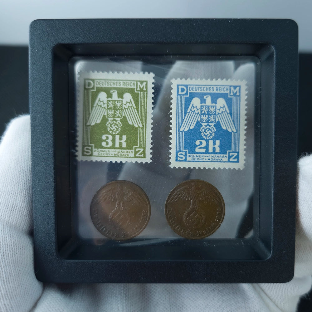 Коллекционный лот периода Второй мировой войны: 2 немецкие почтовые марки и 2 монеты по 1 рейхспфеннигу (1938–1939)