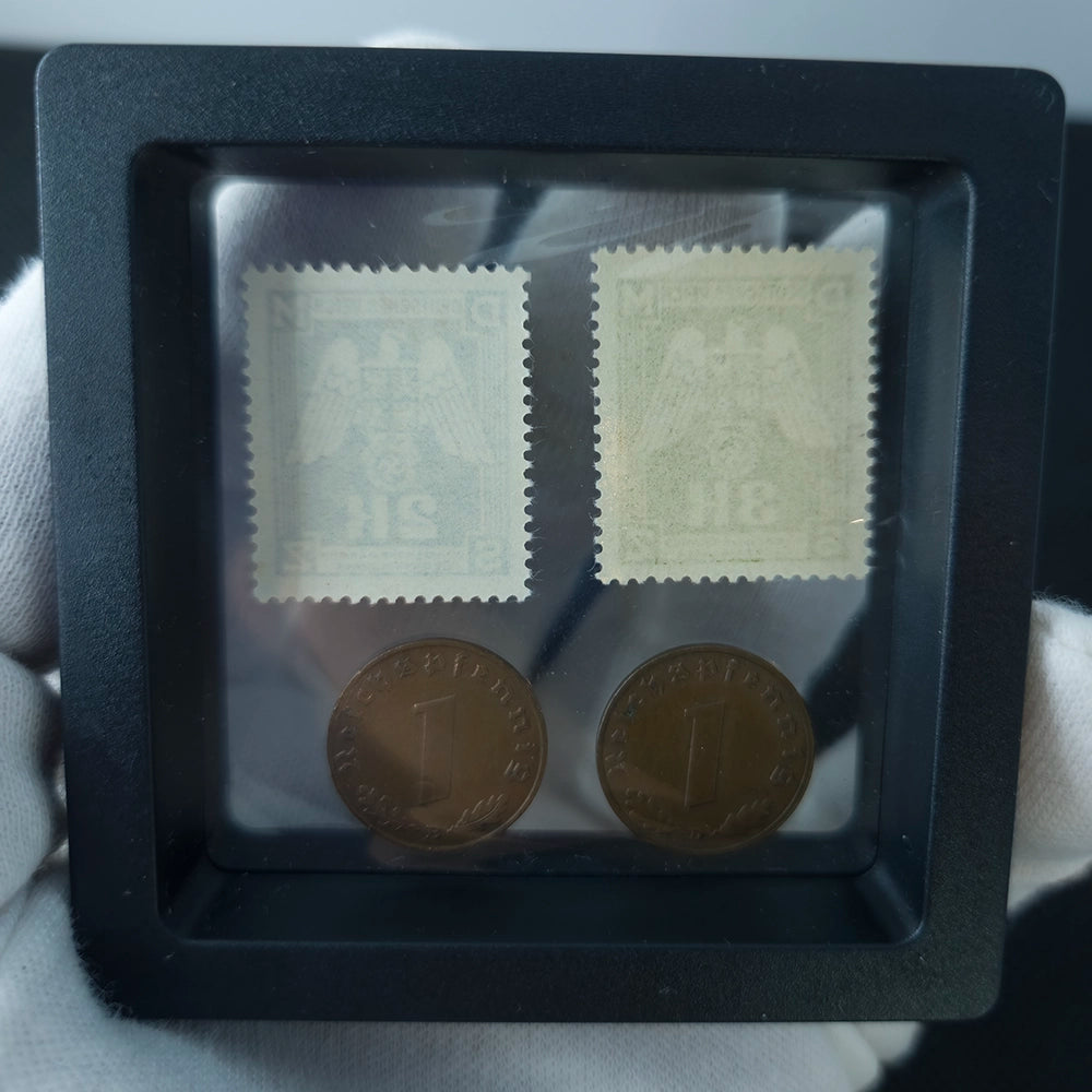 Коллекционный лот периода Второй мировой войны: 2 немецкие почтовые марки и 2 монеты по 1 рейхспфеннигу (1938–1939)