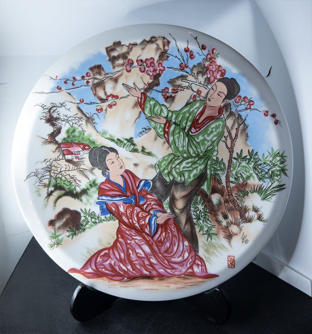 Декоративная фарфоровая тарелка с традиционным китайским сюжетом, ручная роспись