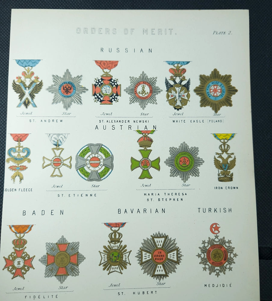 Лот из 2 энциклопедических хромолитографий — ордена и награды Европы, ок. 1890