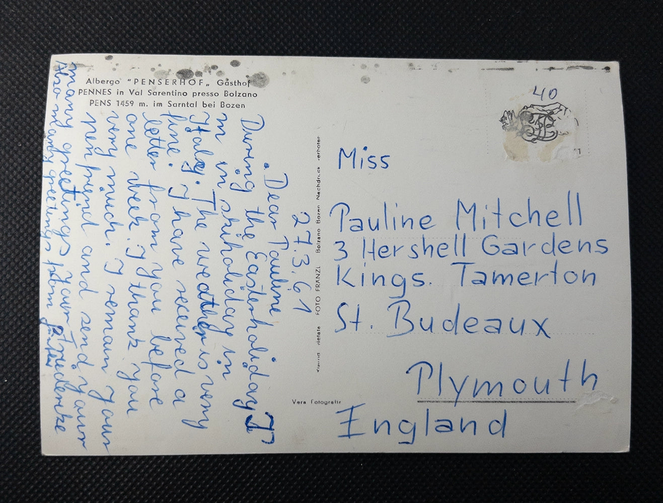 Старинная почтовая открытка, Италия — горный отель Penserhof (Pennes, Южный Тироль), середина XX века